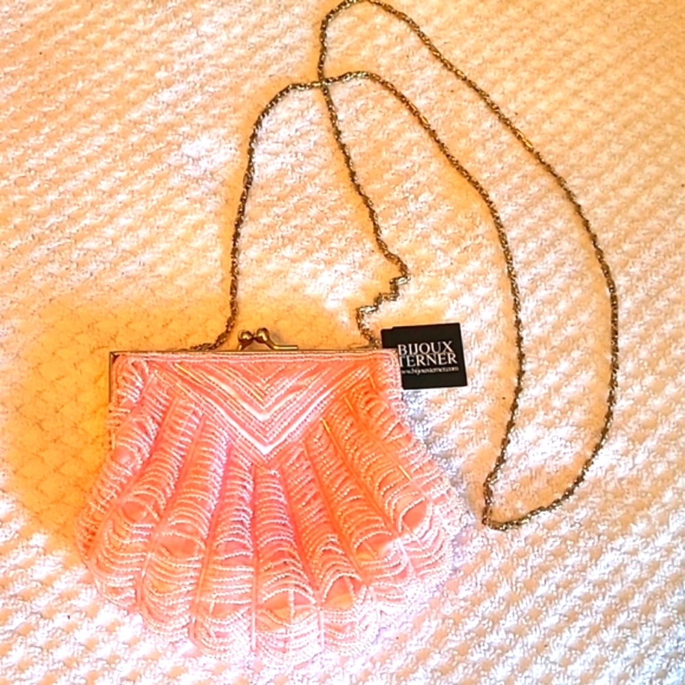 Bijoux Terner Pink Beaded Clutch with Chain Strap